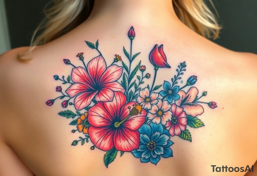 vintage bouquet of wild hibiscus
 and meadow flowers with morning dew and a fox tattoo idea