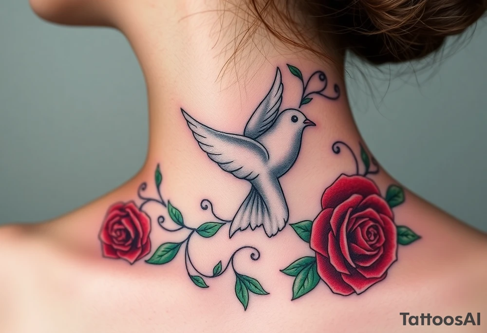 A collared dove surrounded by swirling vines and roses, with the dove in light gray and soft white, and the vines in green with hints of deep red for the roses tattoo idea
