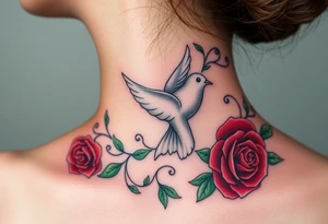 A collared dove surrounded by swirling vines and roses, with the dove in light gray and soft white, and the vines in green with hints of deep red for the roses tattoo idea