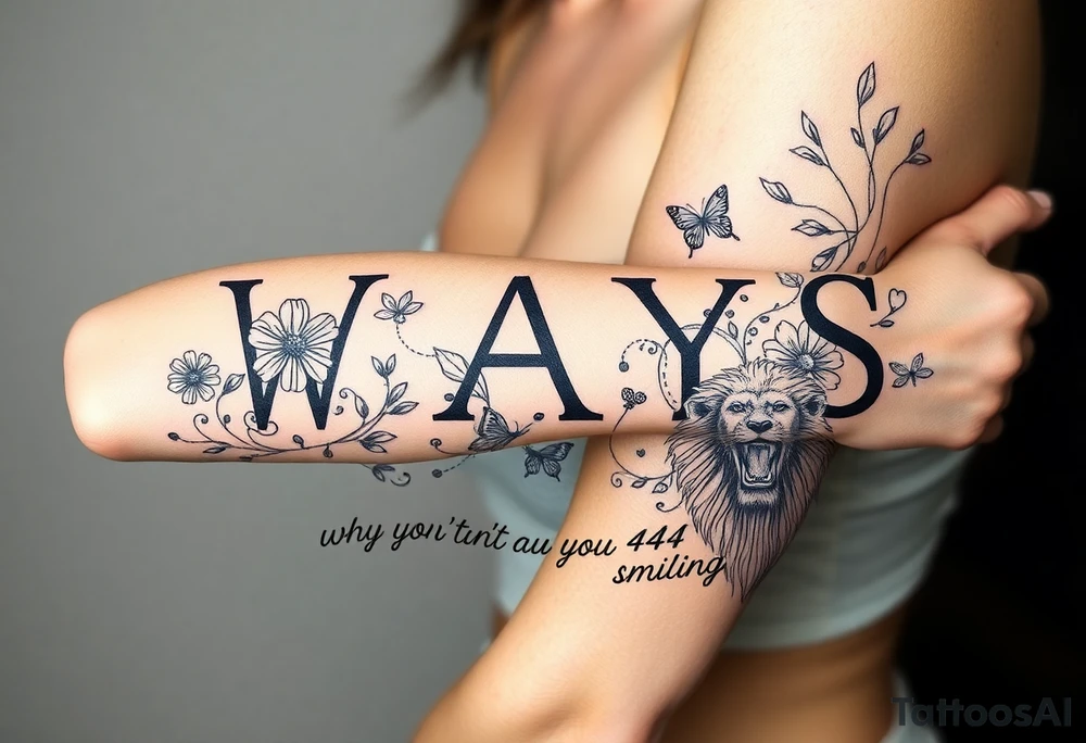 W.A.Y.S spelled out with why aren’t you smiling under neath it with flowers, butterflies and hearts with 444 and a lion tattoo idea