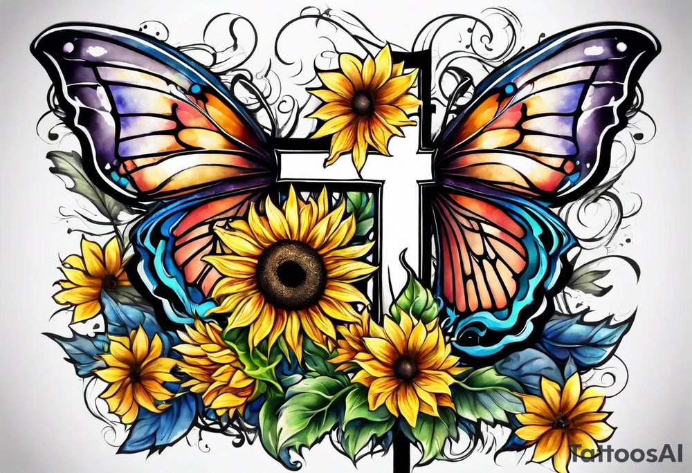 Winged cross with sunflower and butterflies tattoo idea