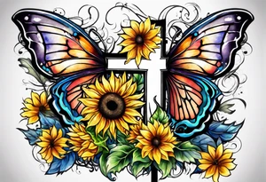 Winged cross with sunflower and butterflies tattoo idea