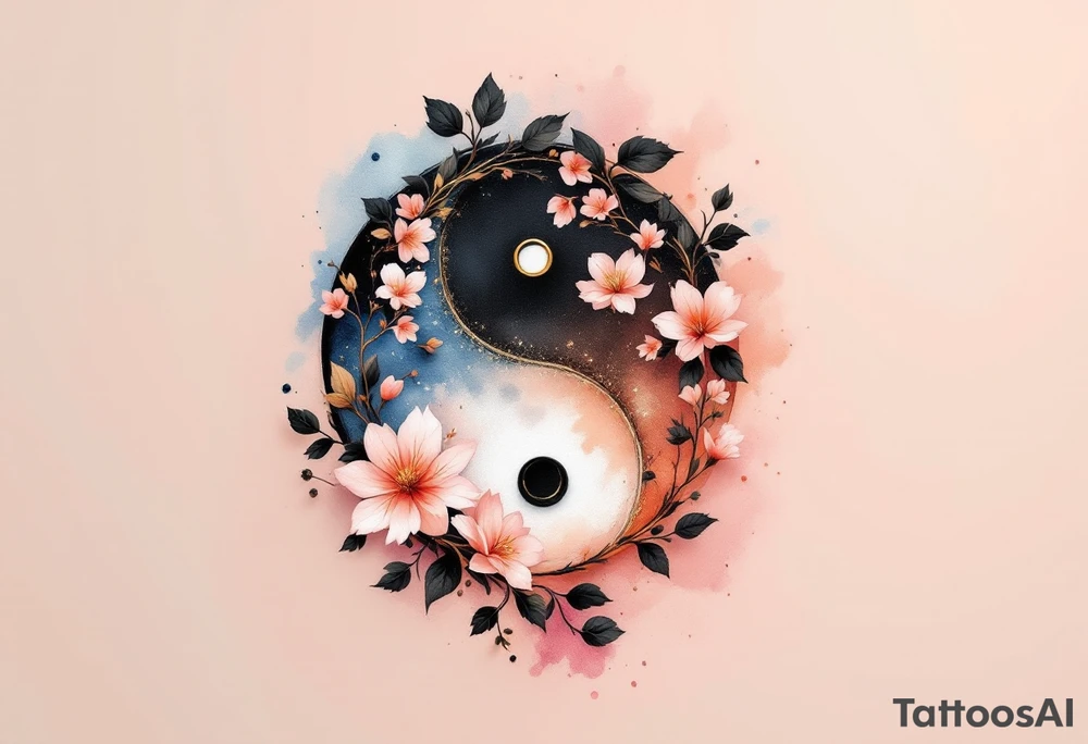 **A beautifully detailed yin-yang symbol**, seamlessly blending **black and white ink**, representing balance and harmony in marriage. The **black half** is adorned with **delicate golden floral engravings**, symbolizing strength and devotion, while the **white half** features **soft pink cherry blossoms**, representing purity and new beginnings. At the center of each half, a **tiny wedding ring** replaces the traditional dots, reinforcing the unity of two souls. The outer edges are surrounded by a **subtle watercolor aura in soft blue and warm peach tones**, symbolizing the blending of two individual energies into one eternal bond. tattoo idea