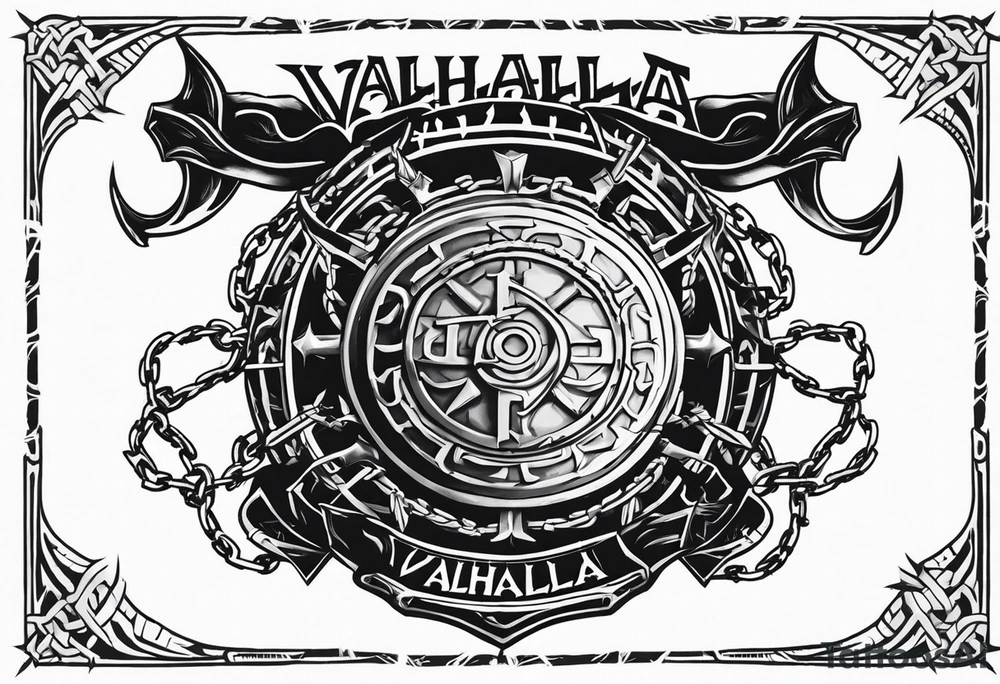 Valhalla round shield axe barbed wire chains tattoo idea