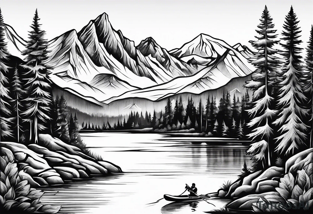 mountains and trees with lake and water skier tattoo idea