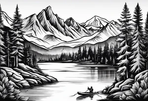 mountains and trees with lake and water skier tattoo idea