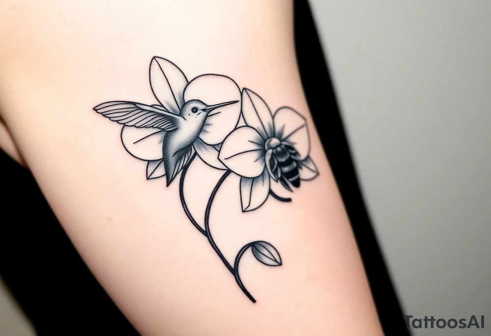 A delicate, black and white fine-line tattoo for male, featuring gracefully detailed 2 orchids in full bloom including their stems, with soft, intricate petals and elegant curves. Beside it, a hummingbird hovers mid-flight, its wings drawn with subtle motion lines, its slender beak reaching toward the orchid’s center to drink its nectar. on the other flower there is a bee that is resting tattoo idea