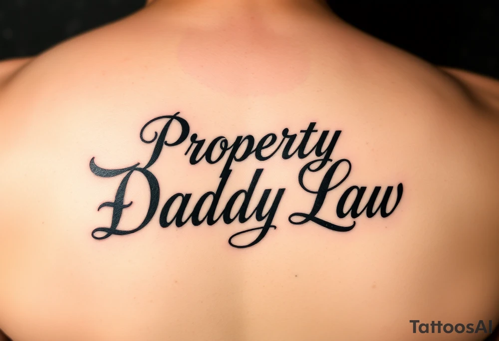 Lettering in calligraphy/cursive that says:
Property of
Daddy Law

(I want the "D" for Daddy and "L" in Law to be thick and dark) tattoo idea