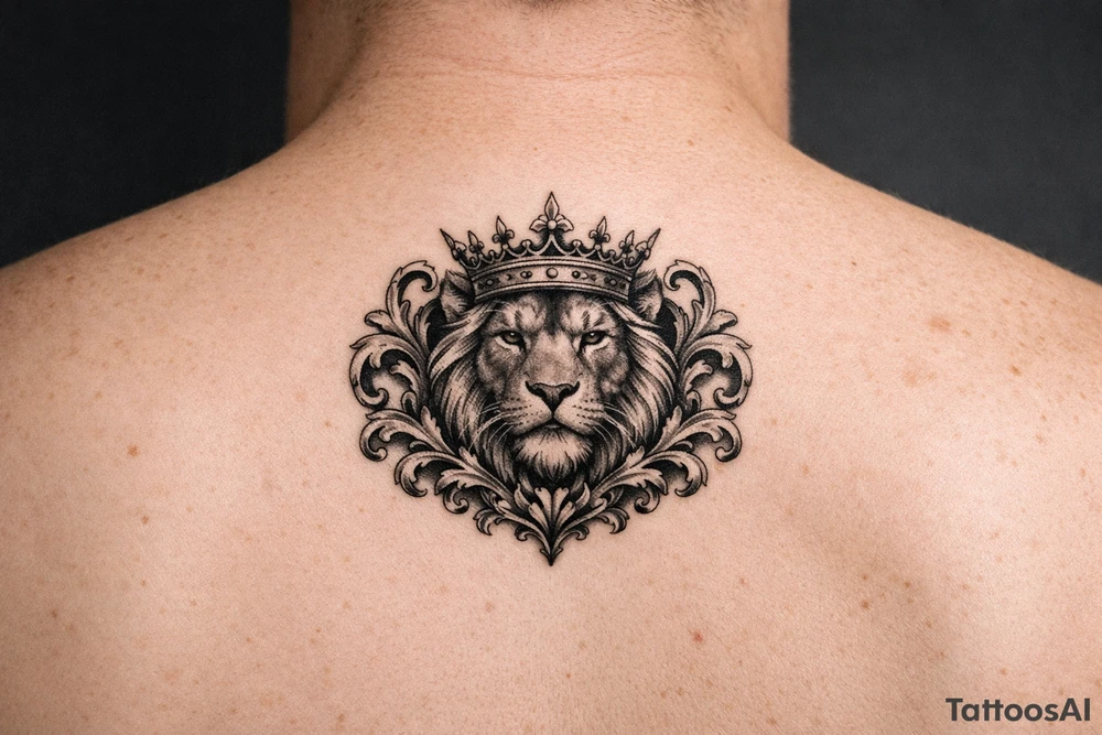 powerful majestic lion with a crown, framed by ornate floral scrollwork tattoo idea