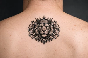 powerful majestic lion with a crown, framed by ornate floral scrollwork tattoo idea