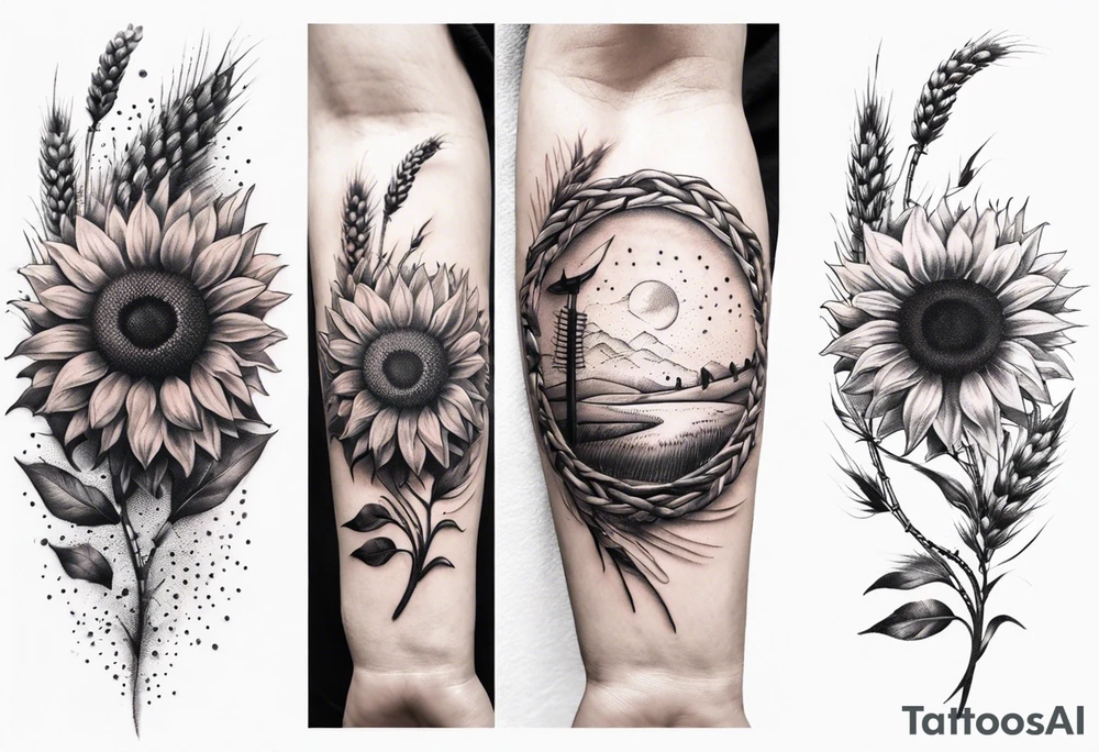 Sunflower, wheat, and barbed wire half sleeve tattoo idea