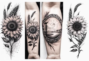 Sunflower, wheat, and barbed wire half sleeve tattoo idea