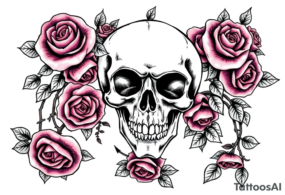 gothic skull intertwined with climbing roses and thorny vines tattoo idea