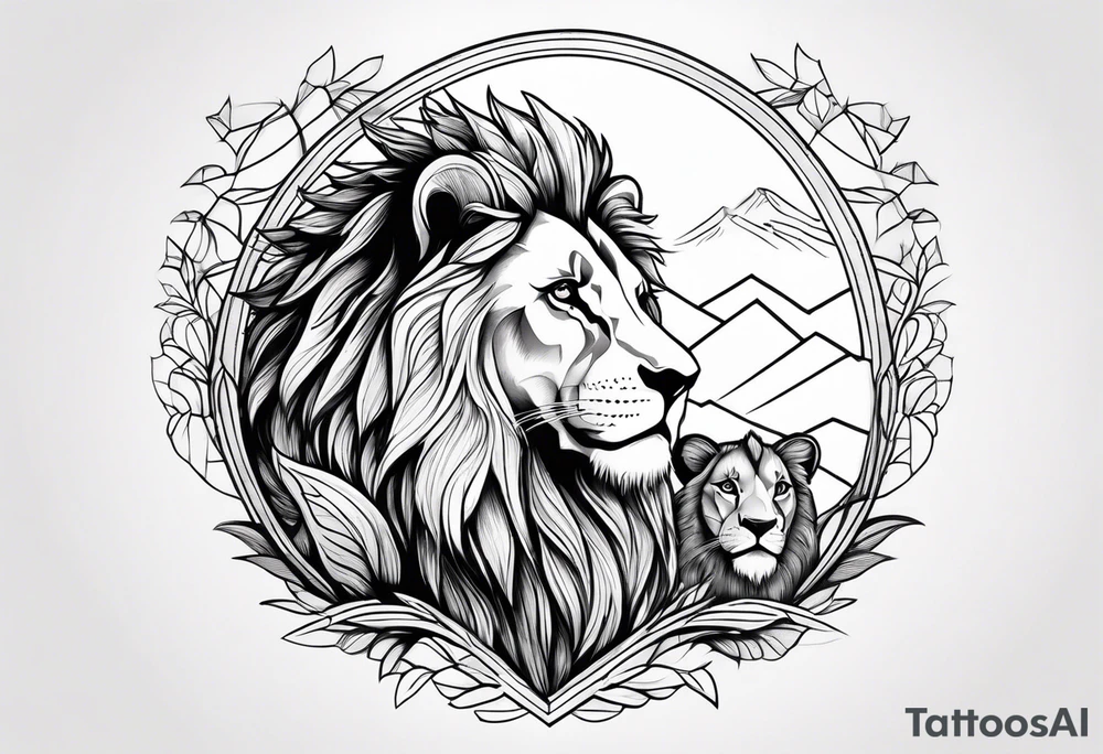 shoulder sleeve with lion and cub, landscape background tattoo idea