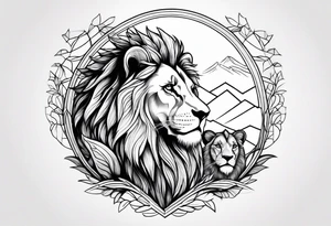 shoulder sleeve with lion and cub, landscape background tattoo idea