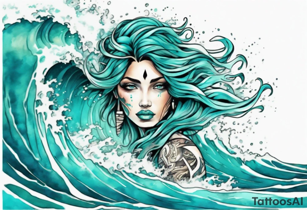a beautiful turquoise face emerging from an ocean wave, crashing onto the shore tattoo idea