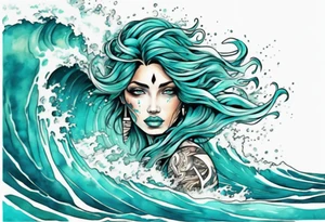 a beautiful turquoise face emerging from an ocean wave, crashing onto the shore tattoo idea