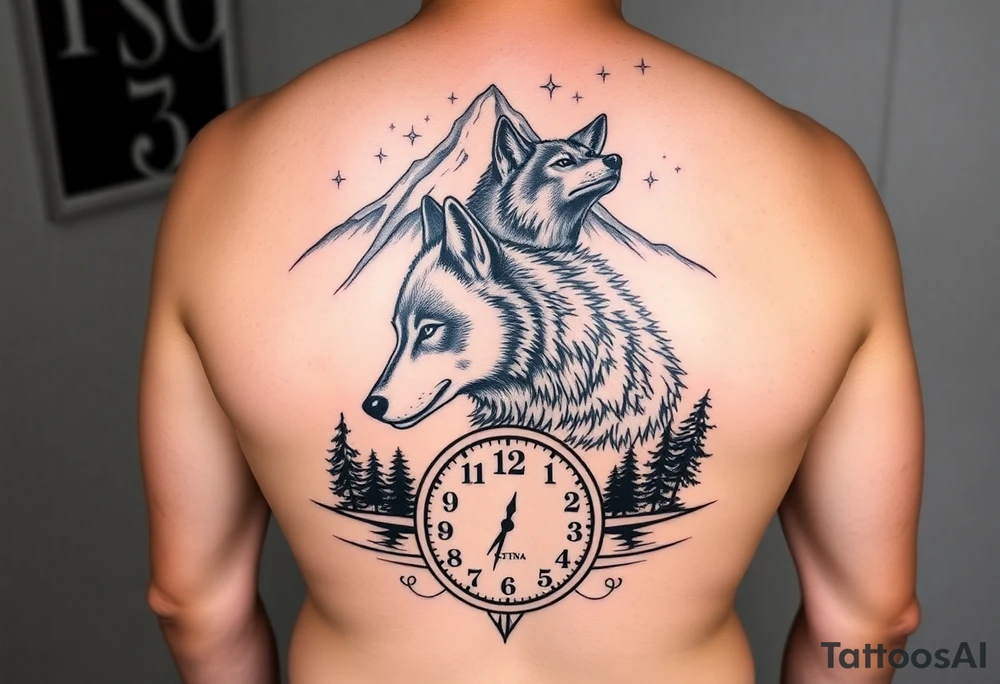 A full sleeve tattoo. At the top should be a majestic mountain top surrounded by the night sky and stars. Below the mountain top should be a majestic father wolf watching over his son. There should be water showing the reflections of both of the wolves. Beneath the water should be a time clock that shows the time as 1:43. There should be trees to fill in the gaps. tattoo idea