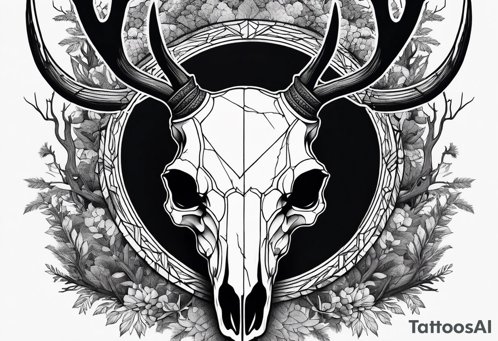 scary side view of a DECAYING deer skull JUST BONE surrounded by a forest fire in background tattoo idea