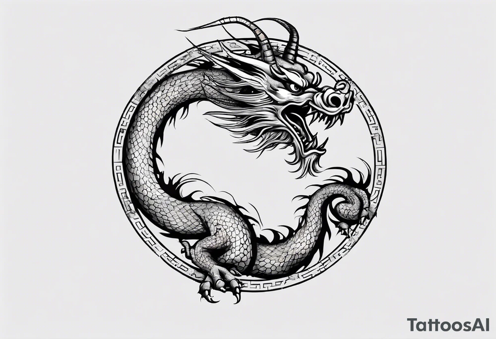 Chinese dragon in a circular shape with "02.03" written on its skin tattoo idea