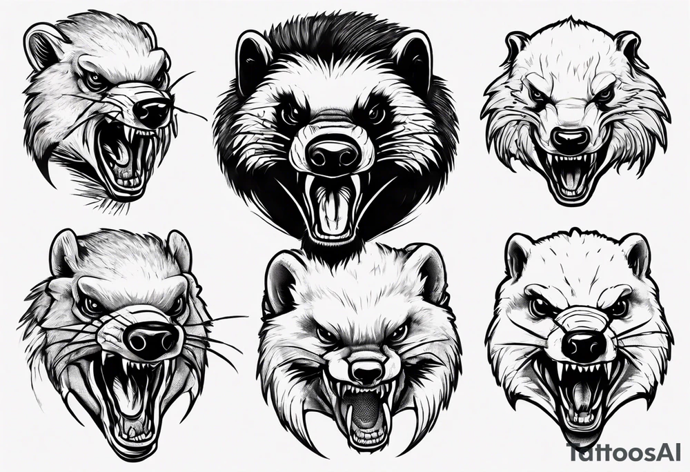 Angry, snarling, detailed honey badger facing in front tattoo idea