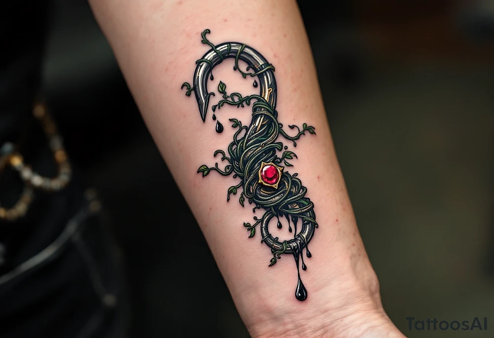 The Cursed Hook – A metal pirate hook hand, wrapped in dark green vines and black tendrils, with a single ruby embedded in the wristpiece. The hook drips with ink-black liquid, symbolizing an ancient curse. tattoo idea