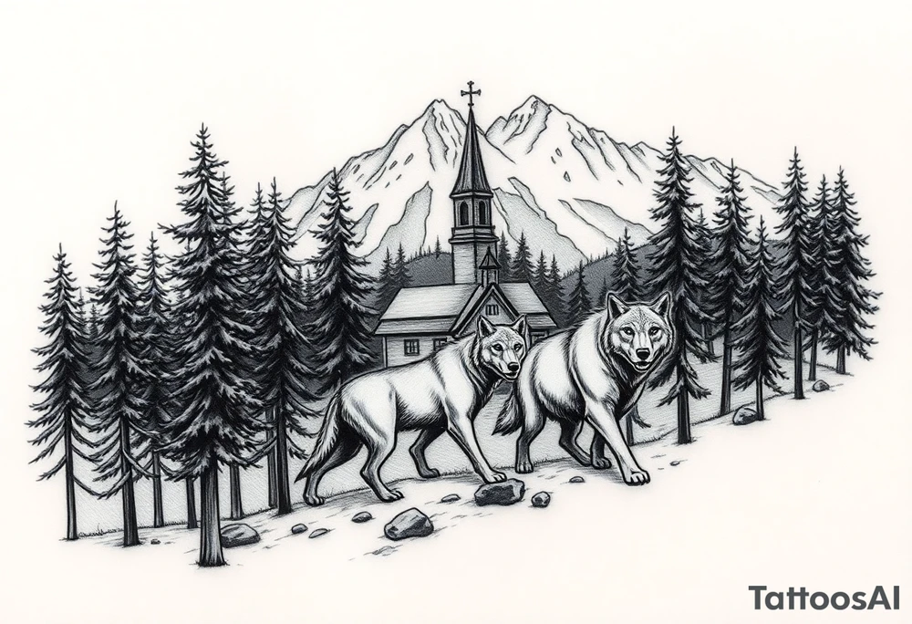 Nature/Landscape

Wolves in a pine forest (extending the tree line you already have)
A Russian bear emerging from the treeline
Snow-capped mountains behind the church scene tattoo idea