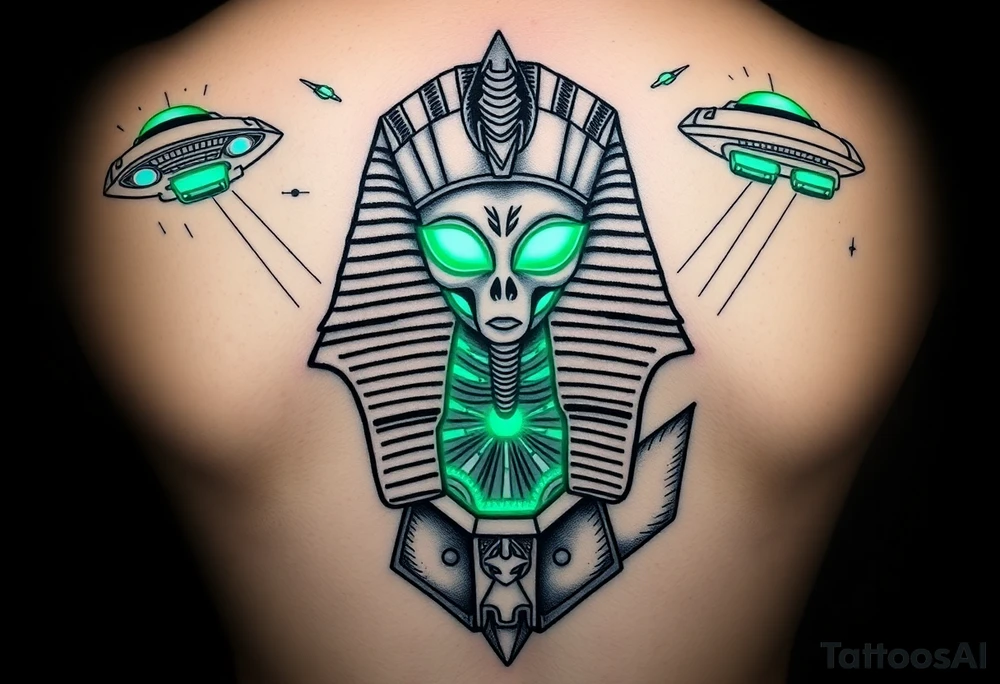 "Pharaoh's sarcophagus opening to reveal a grey alien. Instead of organs: glowing crypto wallets. Floating UFOs are shaped like Chevy Impalas (lowrider style).  

Style: Neo-traditional tattoo with glitch effects. Colors: turquoise/black/neon green." tattoo idea