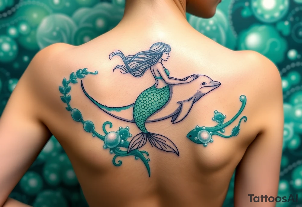 A mermaid riding a dolphin through an enchanted sea, blending deep emerald greens and luminous pearl whites tattoo idea