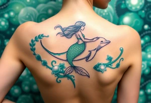A mermaid riding a dolphin through an enchanted sea, blending deep emerald greens and luminous pearl whites tattoo idea