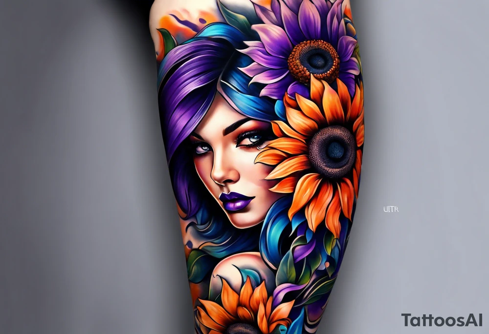 Full arm sleeve with purple, orange and blue sunflowers tattoo idea