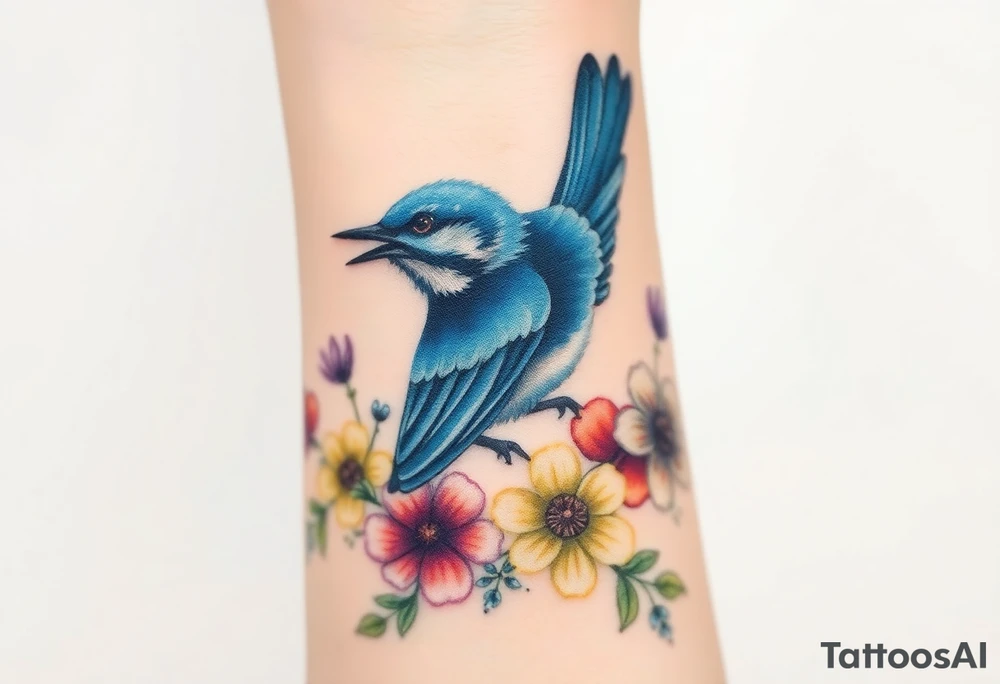 Angry bluebird surrounded by wild flowers tattoo idea