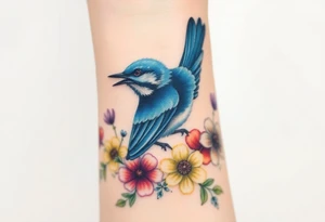 Angry bluebird surrounded by wild flowers tattoo idea