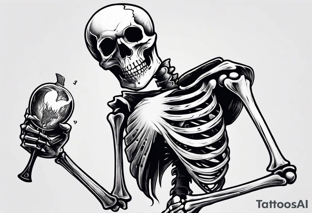depressed skeleton holding his heart in his hand with a knife through the heart tattoo idea