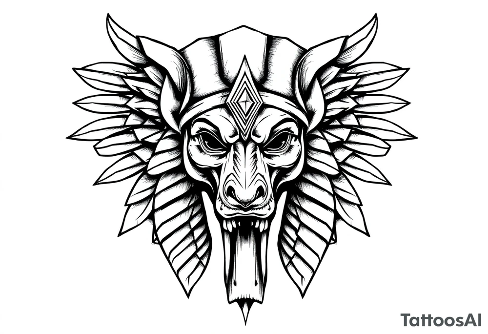 powerful majestic muscle anubis Egyptian god face without eyes with mantle on head tattoo idea