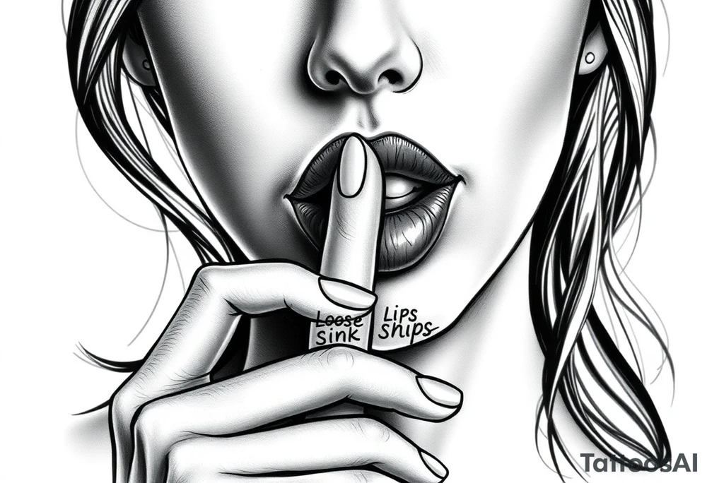 realistic portrait of sexualised woman with her finger to her lips. Must say on her finger: Loose lips sink ships tattoo idea
