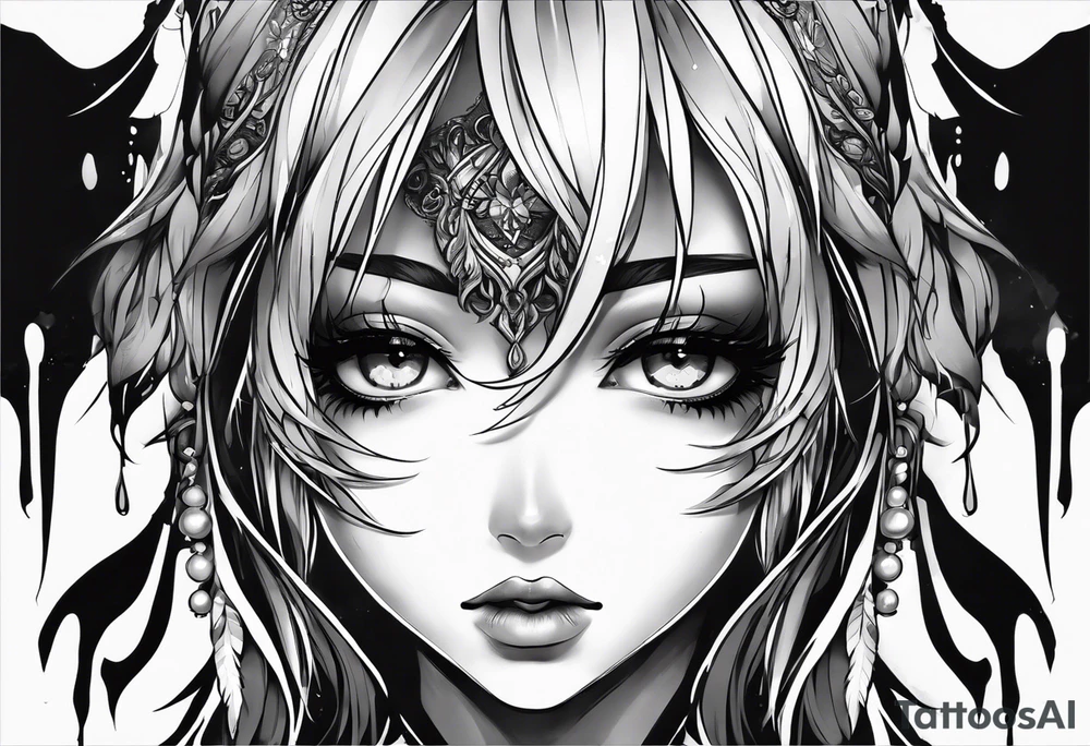 Anime girl face eyes dripping black tears tattoo idea