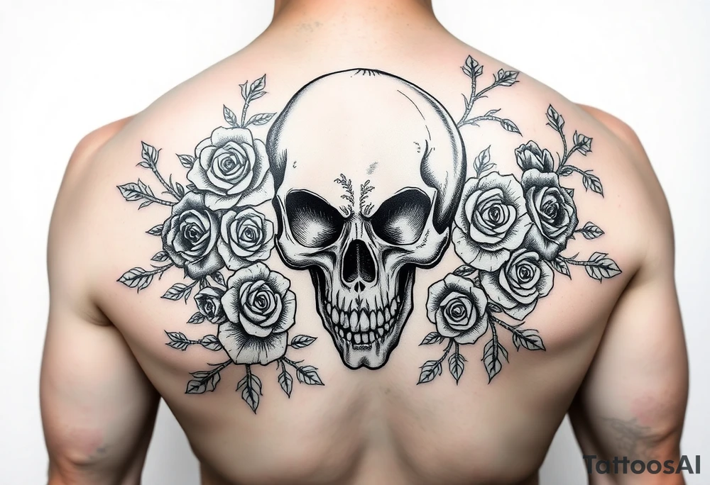 gothic skull intertwined with climbing roses and thorny vines tattoo idea