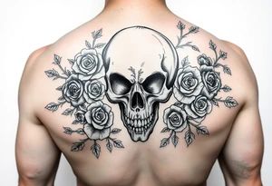 gothic skull intertwined with climbing roses and thorny vines tattoo idea