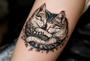 A cat and kitten in black ink intertwined in sleep represents warmth, trust, and quiet love. tattoo idea
