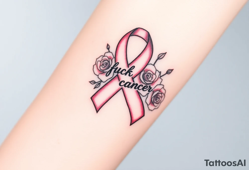 Breast Cancer ribbon that says "fuck cancer"with light pink roses tattoo idea