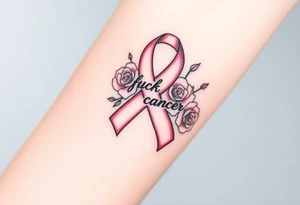 Breast Cancer ribbon that says "fuck cancer"with light pink roses tattoo idea