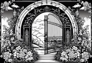 night medieval town garden gate entrance 
 in circle vignette surrounded by clouds floral tattoo idea