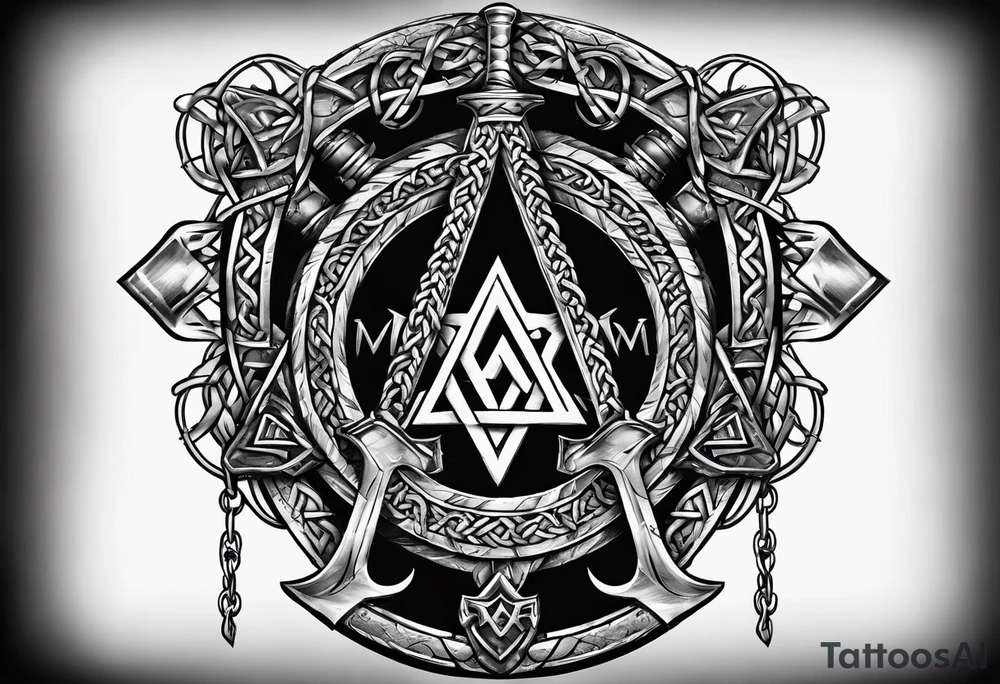 Valhalla sword shield  axe Valknut barbed wire chains tattoo idea