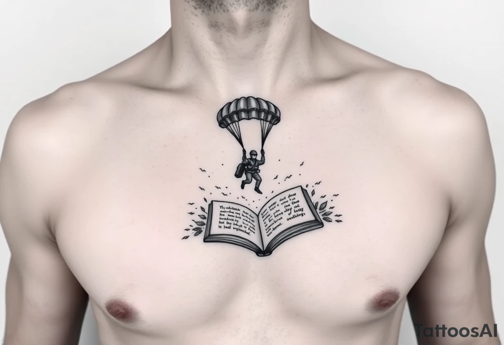 A parachuting soldier landing into an open book. Chaos surrounding, but a sense of security inside the book. On the chest. book contains a quote. Make it smaller tattoo idea