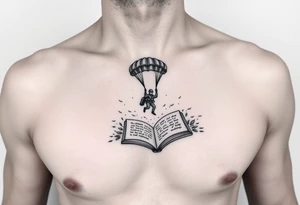 A parachuting soldier landing into an open book. Chaos surrounding, but a sense of security inside the book. On the chest. book contains a quote. Make it smaller tattoo idea