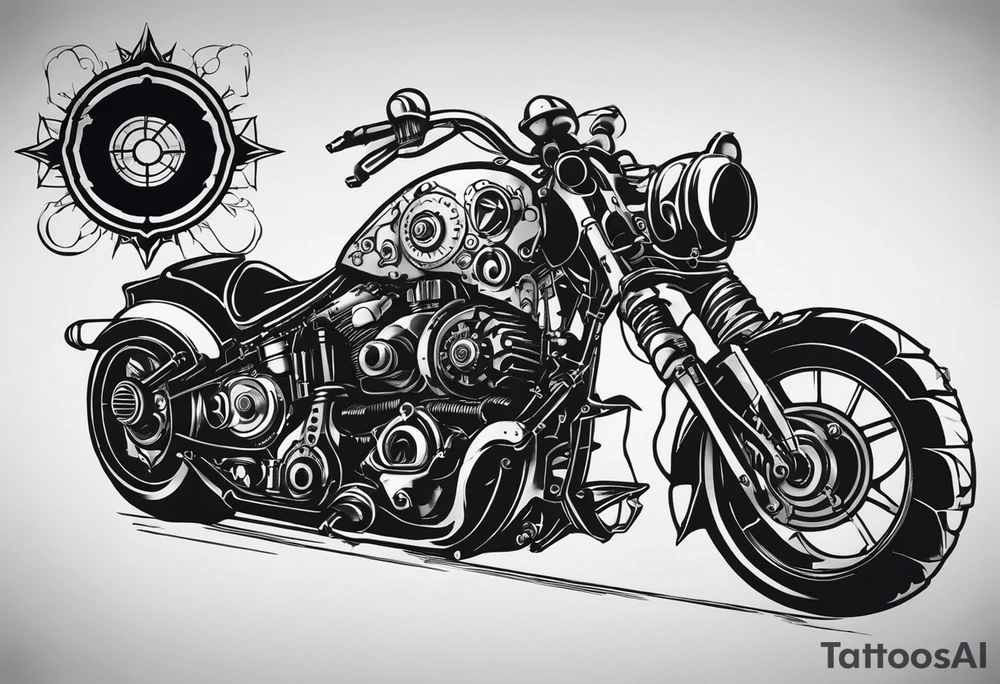 Powerful skull powered by an engine featuring an "steampunk desing" in the image appears a psiton and a turbo, also the dseign must be vertical. Also, the desing must be minimalistic not saturated. Remember the vertical design as this will go in my calf tattoo idea