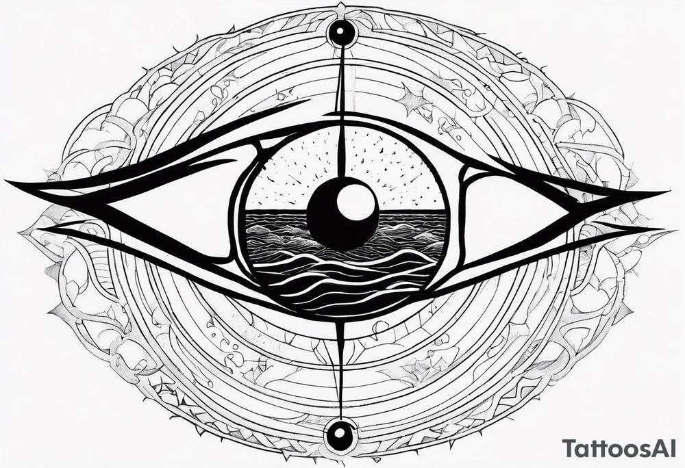 SUN(ITACHI EYE AS SUN) OVERLOOKING THE OCEAN WITH THE ORION CONSTELLATION IN THE SKY IN 9:16 tattoo idea