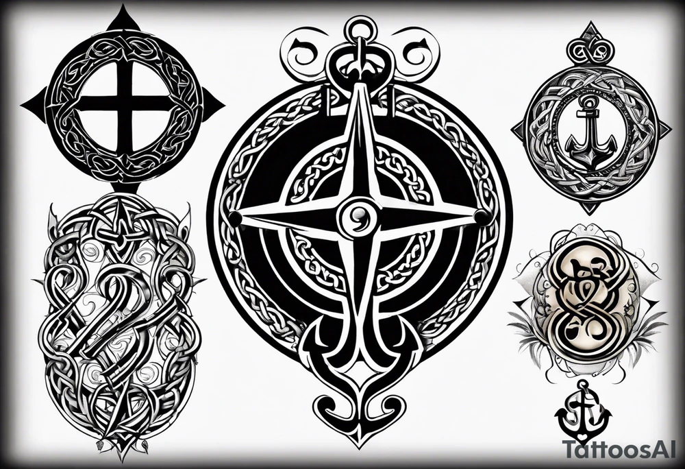 Celtic styling, anchor, compass, bass clef note, treble clef note, dog paw print, half sleeve, forearm tattoo idea