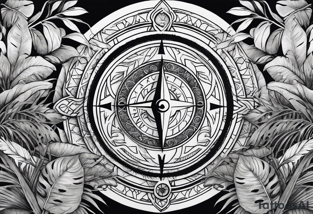 arm sleeve tattoo with Viking compass and all-seeing eye surrounded by jungle plants tattoo idea